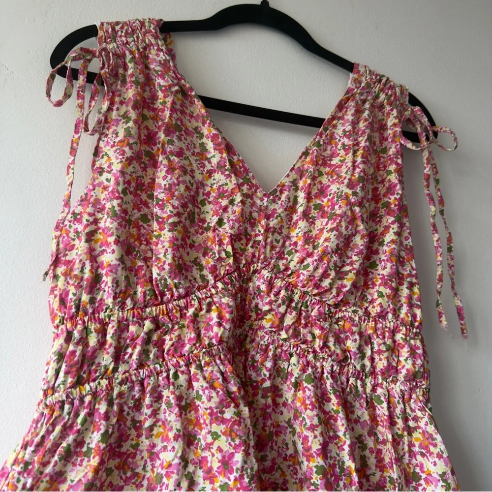Time and Tru Pink Floral V-Neck Tie-Shoulder Mini Dress - Picture 3 of 6